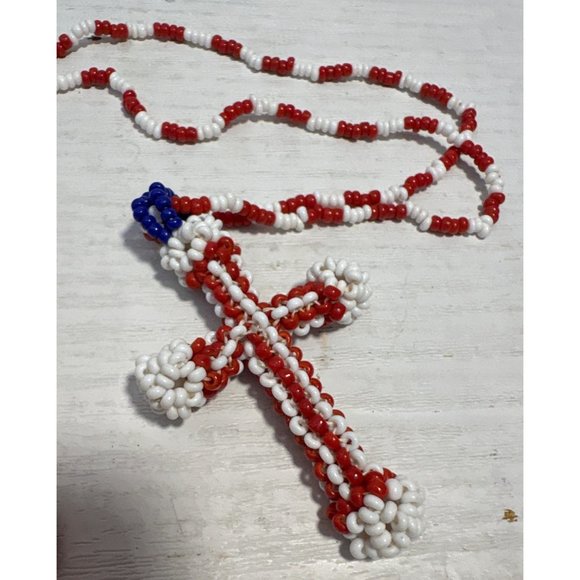 Red White & Blue Beaded  Necklace With Cross Pendant Handmade Patriotic Design - Picture 2 of 4